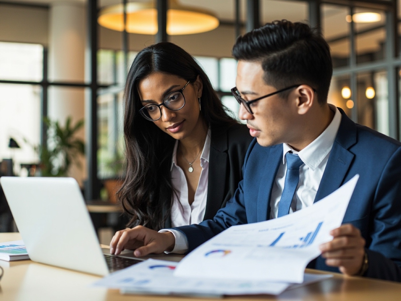 Two analysts reviewing a due diligence report together